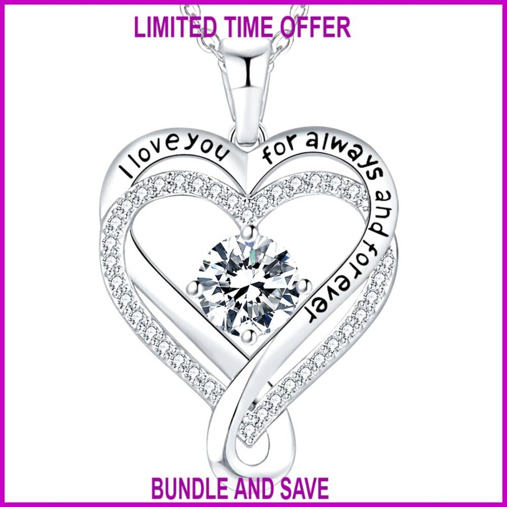 Sterling Silver Infinity Heart Pendant Necklace with 12 Birthstones, Engraved